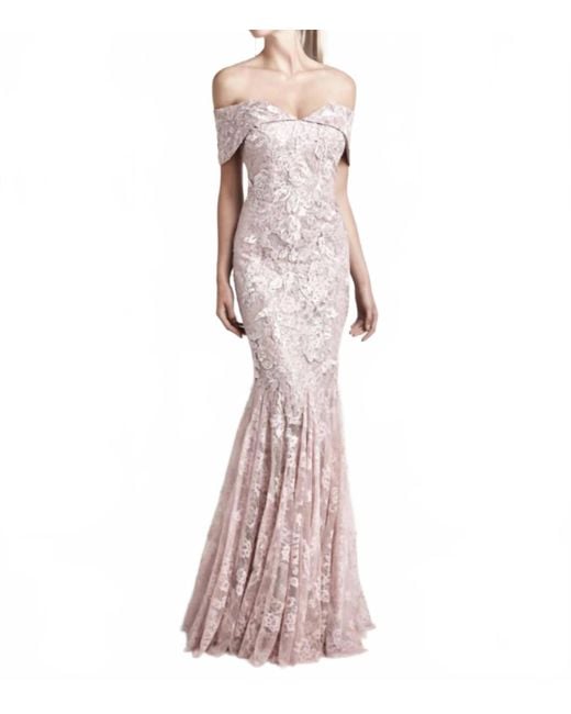 Alexander by Daymor Purple Embroidered Off Shoulder Gown