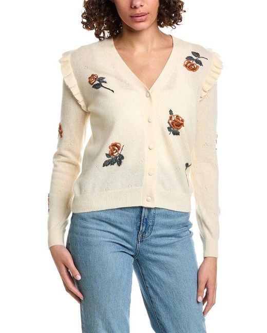 Minnie Rose Blue Embroidered Flower Ruffled Cashmere Cardigan