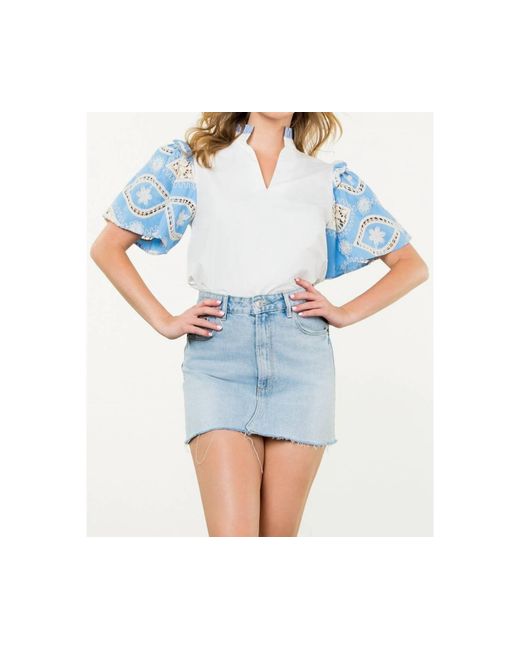 Thml Blue Embroidered Detail Sleeve Poplin Top