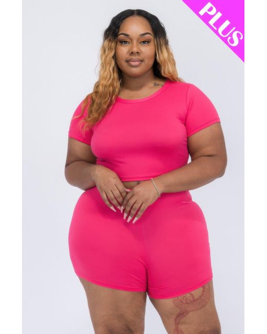Fashnzfab Pink Plus Size Short Sleeve Crop Top & Shorts Set
