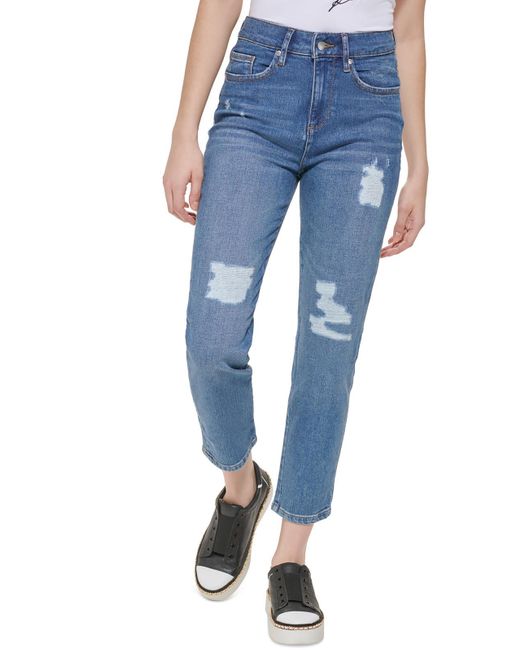 Karl Lagerfeld Blue Distressed Denim Straight Leg Jeans