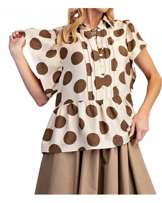 Easel Brown Polka Dots Button Down Ruffle Top