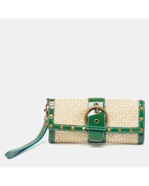 COACH Green /beige Woven Raffia And Patent Leather Buckle Flap Wristlet Clutch
