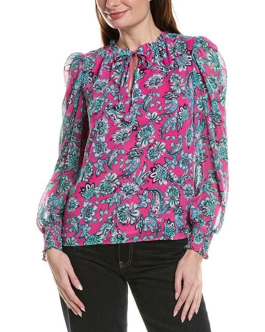 Cece Red Smocked Cuff Ruffle Blouse