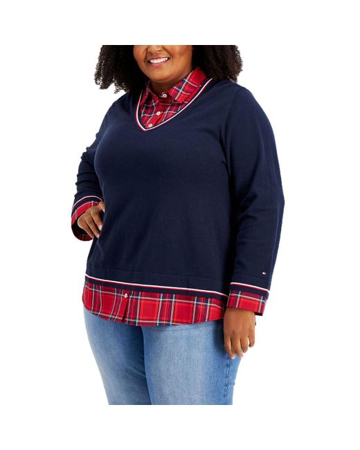 Tommy Hilfiger Blue Plus Plaid Layered Pullover Top