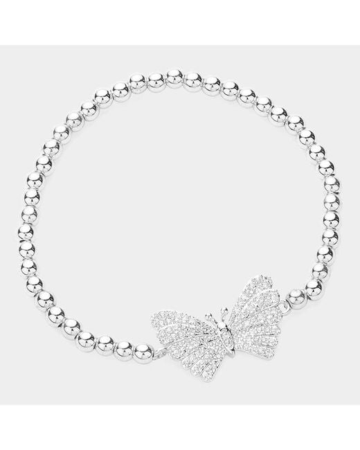 Fashnzfab Metallic Cz Stone Paved Butterfly Pointed Stainless Steel Ball Beaded Stretch Bracelet