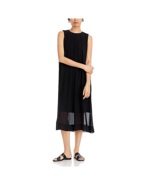 Eileen Fisher Black Solid Silk Midi Dress
