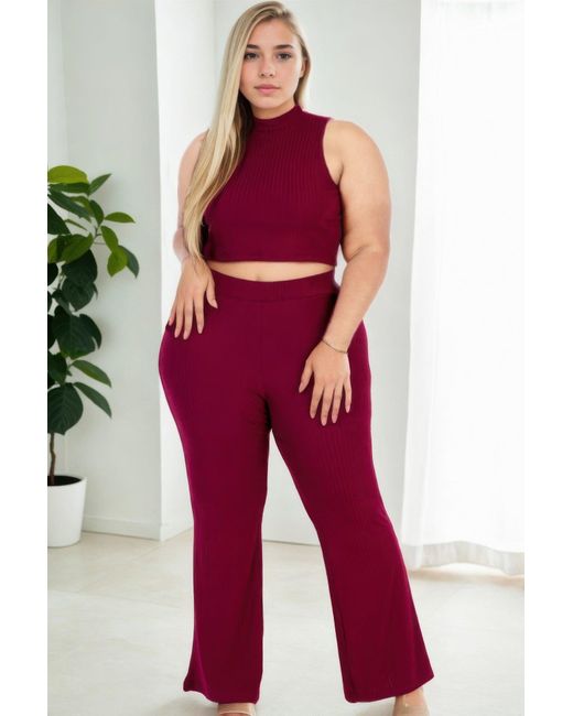 TRUEDAMES Red Plus Size Ribbed Mock Neck Crop Tank Top& Bootcut Pants Set