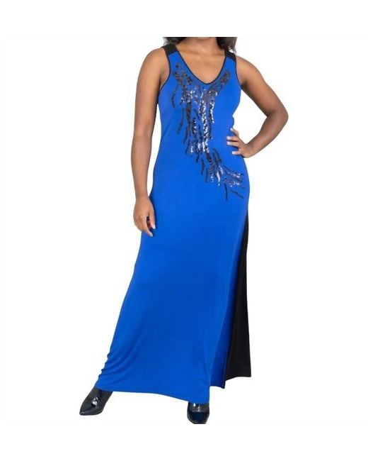 BCBGMAXAZRIA Women's Blue Sequin Two Tone Knit Maxi Dress