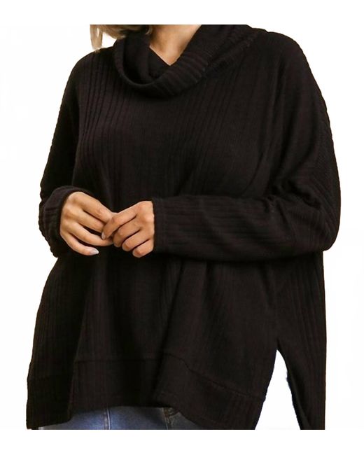 Umgee Black Ribbed Cowl Neck Sweater With Side Slits