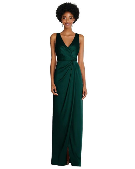 After Six Green Faux Wrap Whisper Satin Maxi Dress With Draped Tulip Skirt