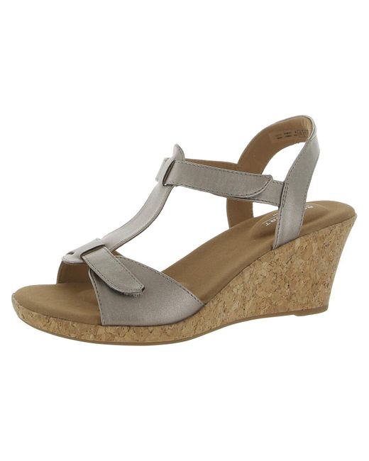 Rockport Metallic Blanca T Strap Faux Leather Open Toe Wedge Sandals