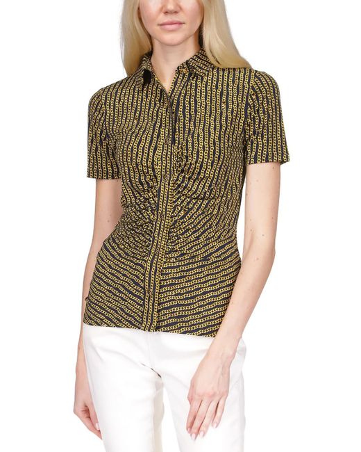 MICHAEL Michael Kors Green Ruched Short Sleeve Button-down Top