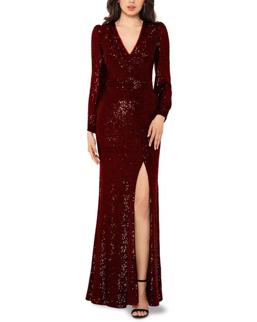 Xscape Red Mesh Sequined Formal Dress