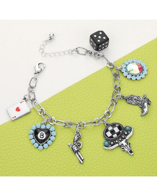 Fashnzfab Multicolor Ace Of Heart 8 Ball Billiard Heart Metal Western Steer Head Boot Dice Charm Station Bracelet, Burnished