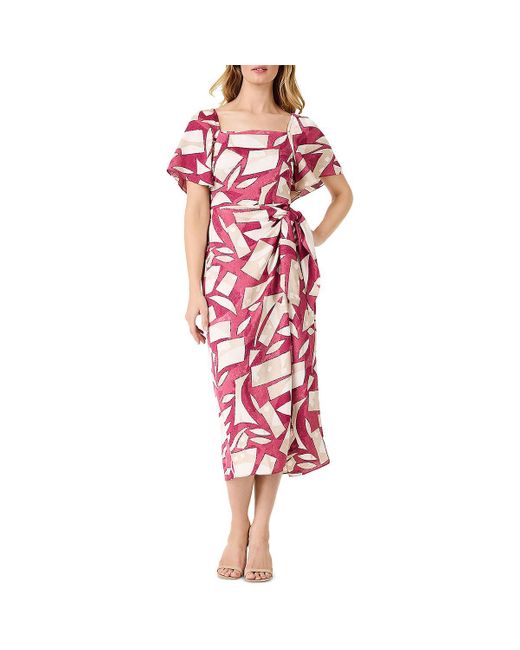 NIC+ZOE Womens Stretch Ruched Printed Sleeveless Jewel Neck Above The Knee Cocktail Sheath Dress