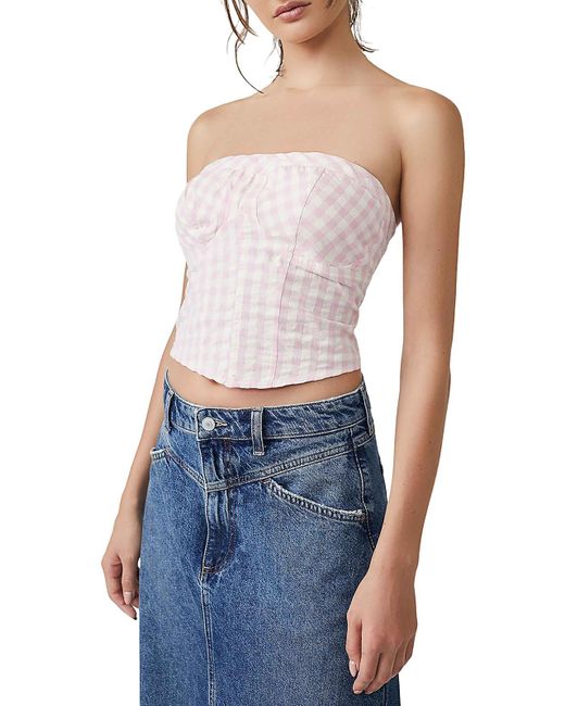 Free People Blue Cropped Gingham Strapless Top