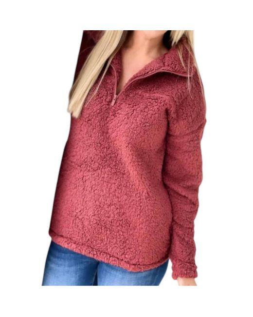 Zenana Red Soft Sherpa Half Zip Pullover With Pockets