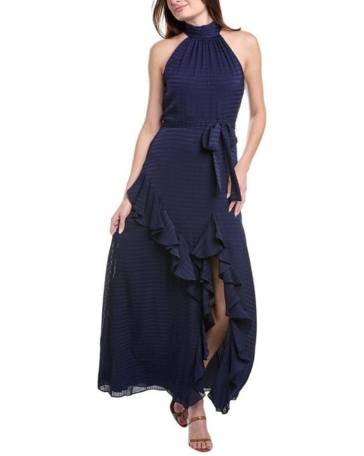 Anne Klein Blue Satin Check Asymmetrical Ruffle Hem Maxi Dress