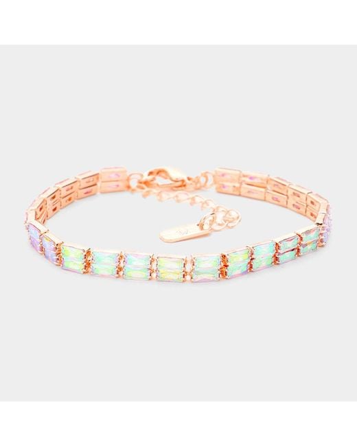 Fashnzfab Metallic 2Rows Rectangle Stone Cluster Evening Bracelet Ab, Rose