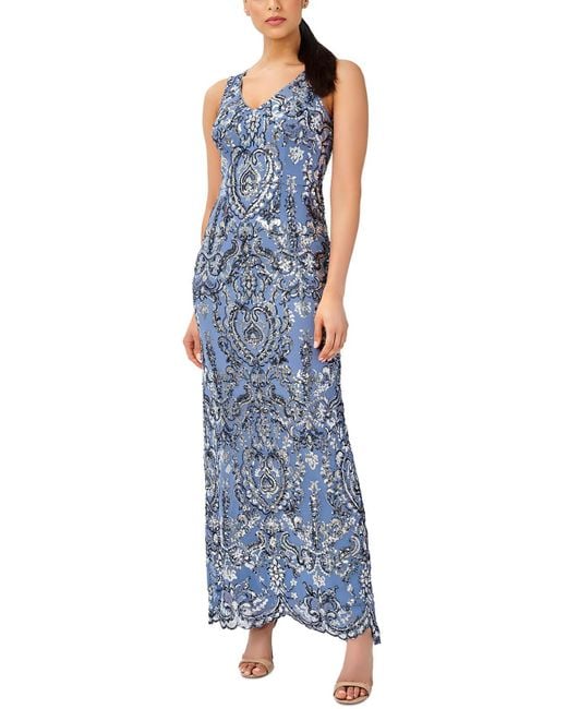 Adrianna Papell Blue Sequined Long Evening Dress