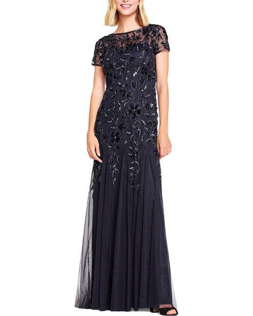 Adrianna Papell Blue Embellished Maxi Evening Dress
