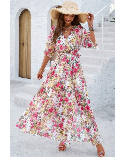 TRUEDAMES White Floral Print V Neck Waist Cinched Split Long Dress