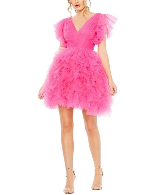 Mac Duggal Pink Flutter Ruffle Sleeve Tiered Dress