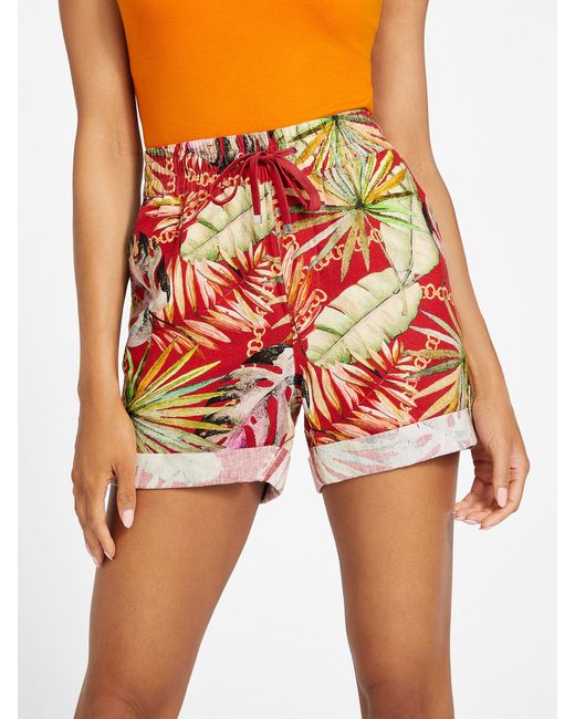 Guess Factory Red Charlotte Printed Linen Shorts