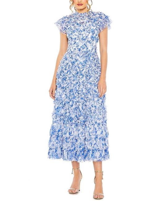 Mac Duggal Blue High Neck Ruffle Sleeve Floral Dress