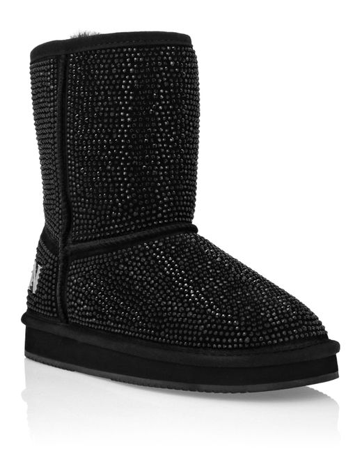 Philipp Plein Black Mid Flat Boots Stones