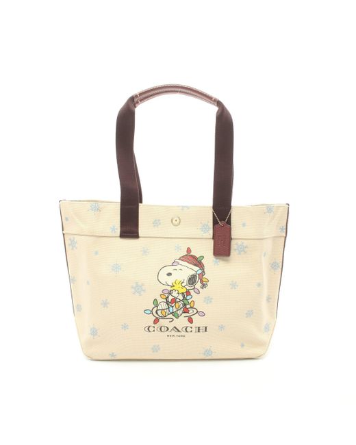COACH Red * Peanuts Snoopy Handbag Tote Bag Canvas Leather Beige Multicolor