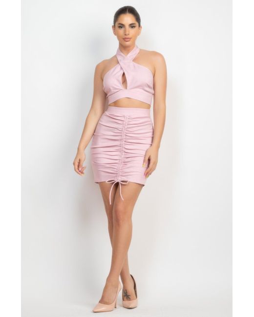 Fashnzfab Pink Cross Halter Top & Ruched Skirts Set