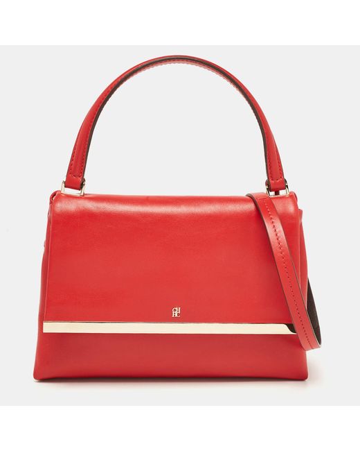 CH by Carolina Herrera Red Leather Metal Bar Flap Top Handle Bag