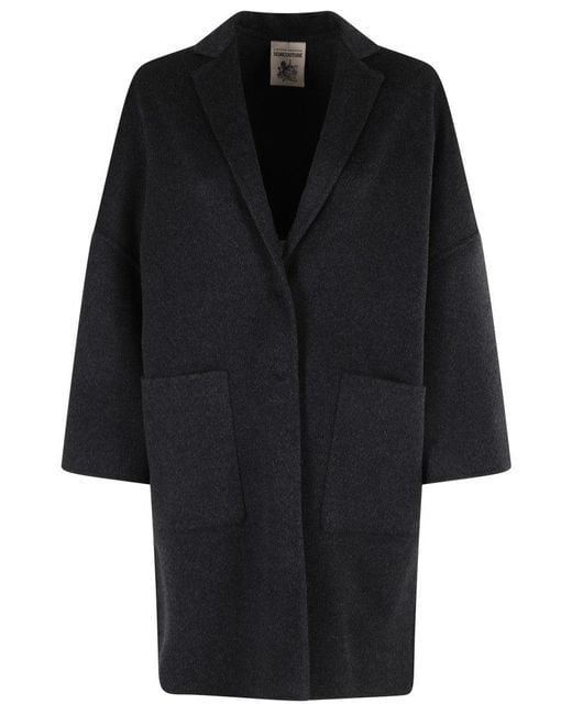 Semicouture Black Overcoat With Notched Collar