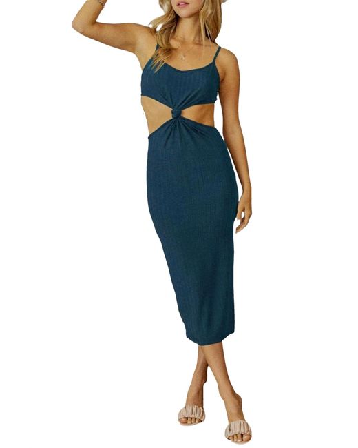 Endless Blu. Blue Knotted Cutout Midi Dress
