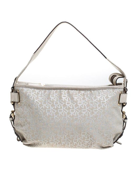 DKNY Gray Ivory Signature Fabric And Leather Shoulder Bag
