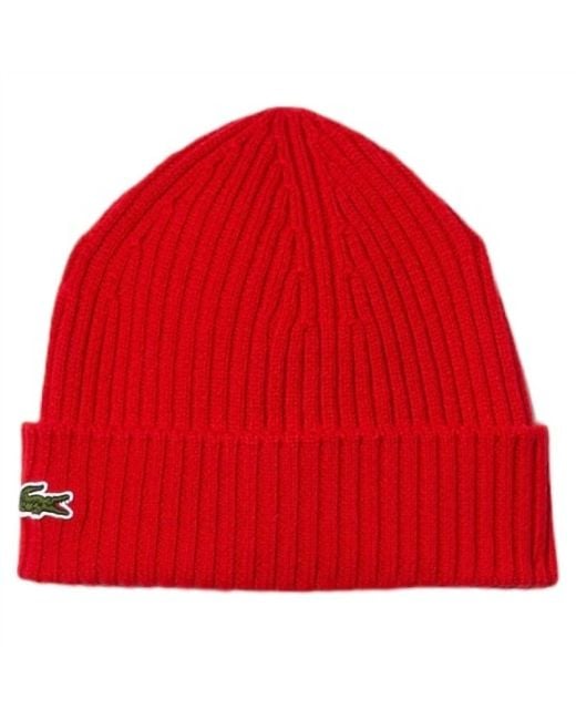 Lacoste Red Ribbed Wool Beanie