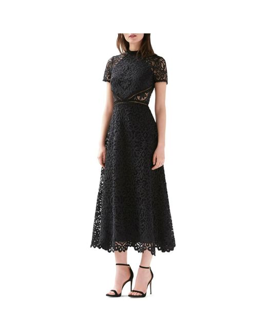 ML Monique Lhuillier Black Lace Short Sleeves Midi Dress