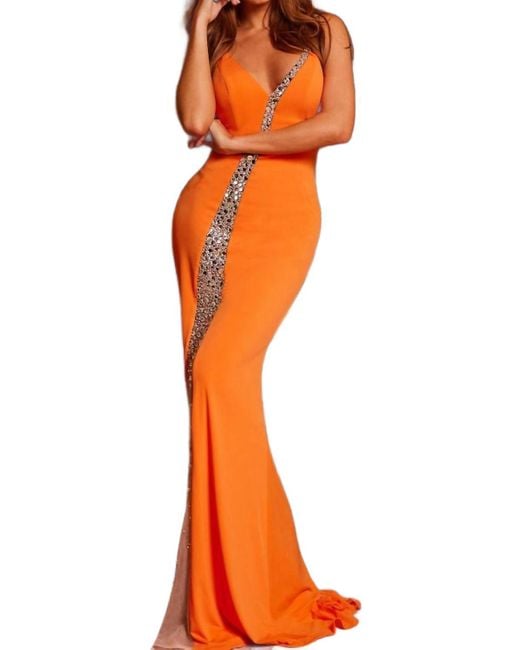 Jovani Orange Trail Beaded Prom Dress