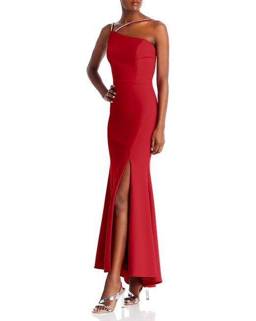 Aqua Red Scuba Asymmetric Evening Dress