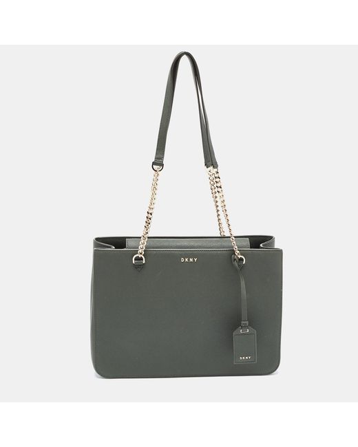 DKNY Gray Saffiano Leather Chain Handle Tote