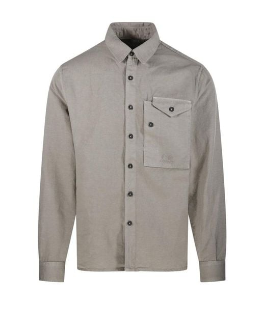 C P Company Gray Button-Up Logo Shirt With Structured Collar for men