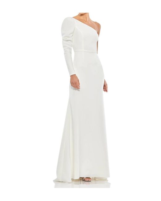 Mac Duggal White One-Shoulder Gown With Dramatic Puff Sleeve And Thigh-High Slit