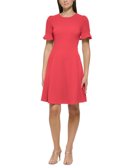 DKNY Red Above Knee Bell Sleeves Fit & Flare Dress
