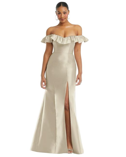 Alfred Sung Natural Off-the-shoulder Ruffle Neck Satin Trumpet Gown
