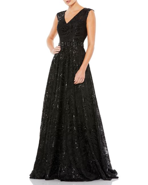 Mac Duggal Black Embroidered Sequin Evening Dress