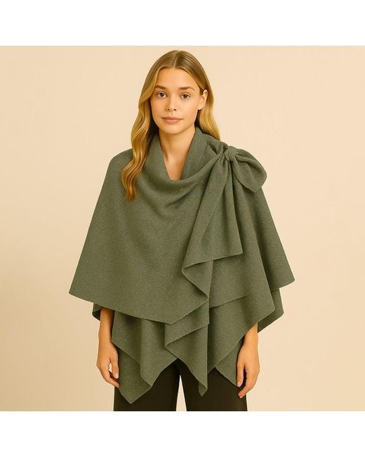 TRUEDAMES Green Solid Lurex Ruana Poncho