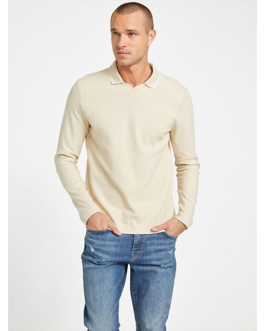 Guess Ribbed Long Sleeve Polo Shirt in Blue for Men Lyst