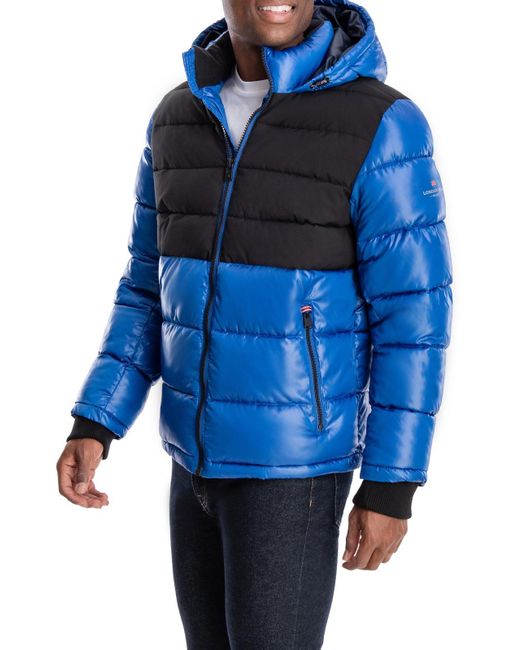 London Fog Blue Tower Puffer Colorblock Quilted Coat for men